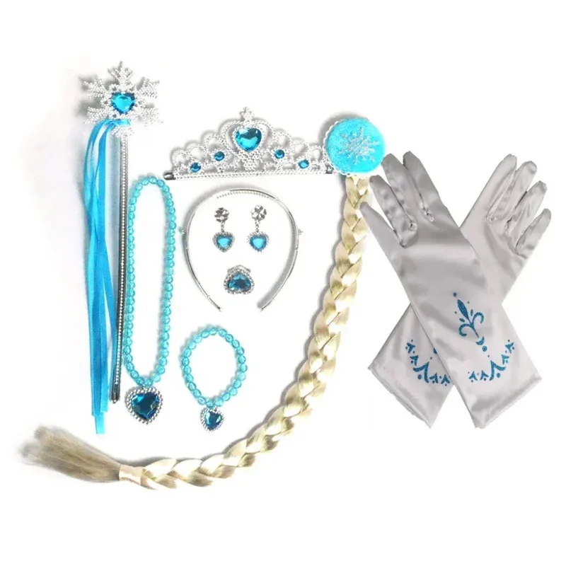 

COSda@Frozen Dress Up Accessories Elsa Crown with Snowflake Wand Gloves Princess Queen Cosplay Jewerly Elsa Long Braid Wig Hairp