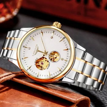 LONGLUX 자동 시계 우아한 기계식 손목 시계 럭셔리 스테인레스 스틸 방수 해골 남성 시계 남성 선물