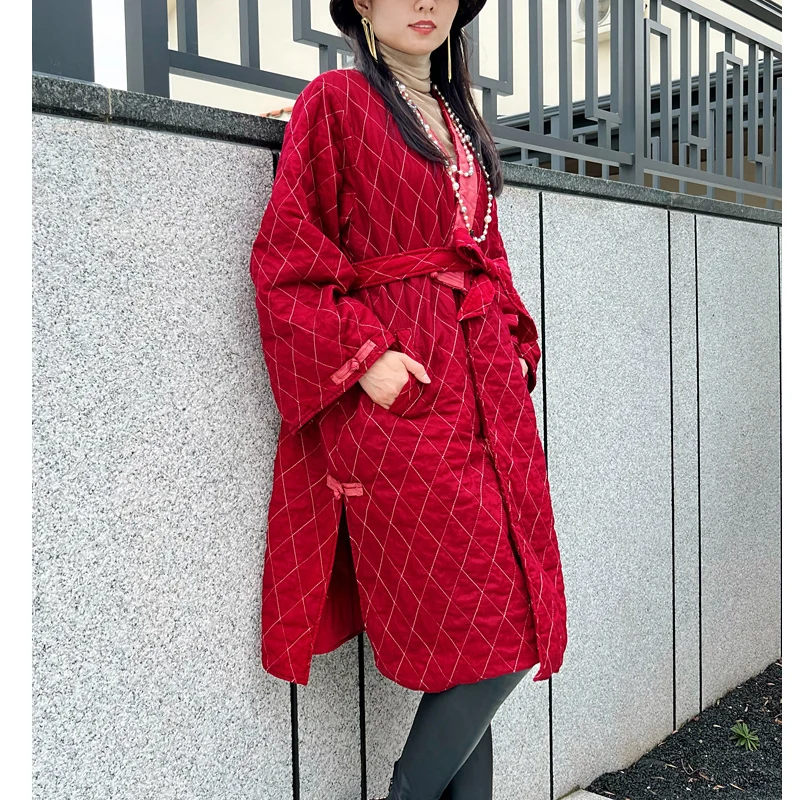 

Winter New Silk +Cotton V-Neck Flare Sleeves Loose Women's Red Belt Fashion Lightweight Warm Christmas Mid Length Coat One Size