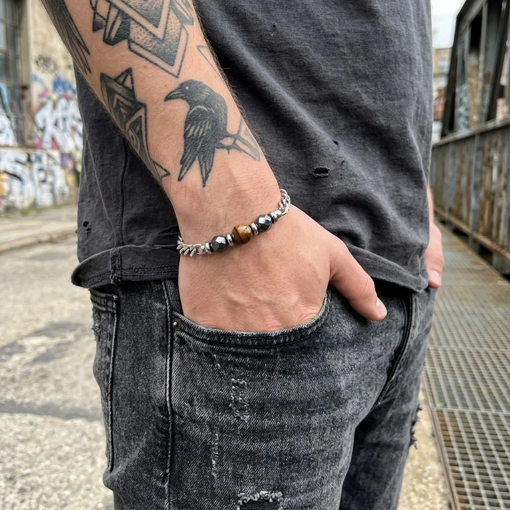 New Stainless Steel Curb Chain Bracelet Men Natural Stone Hematite Beads Bracelet Adjustable Chain Jewelry Gift