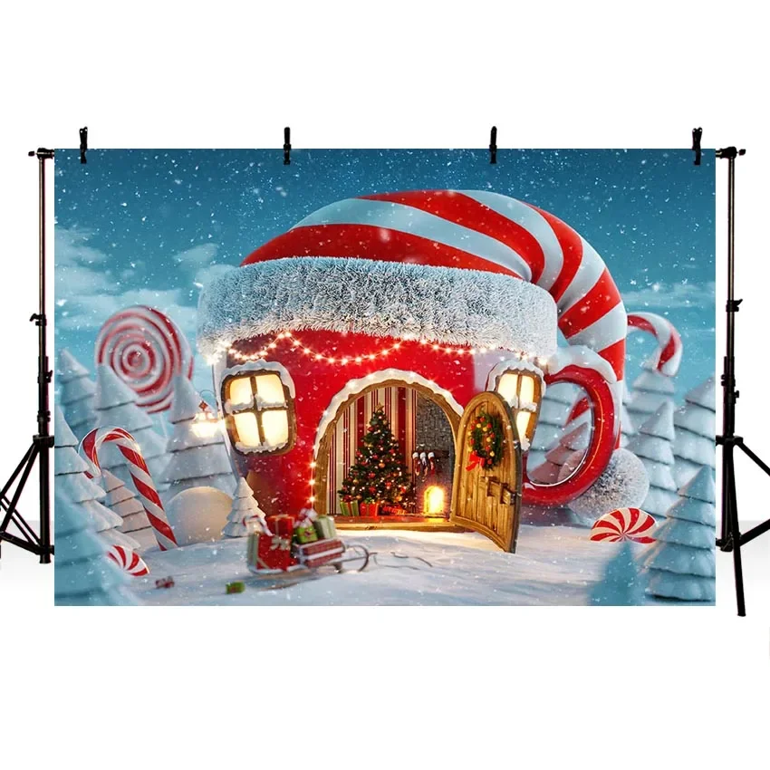 Christmas Backdrop Winter Snow Candy Cake House Tree Fireplace Boots Donut Book Baby Dreamy Photo Background for Photo Studio