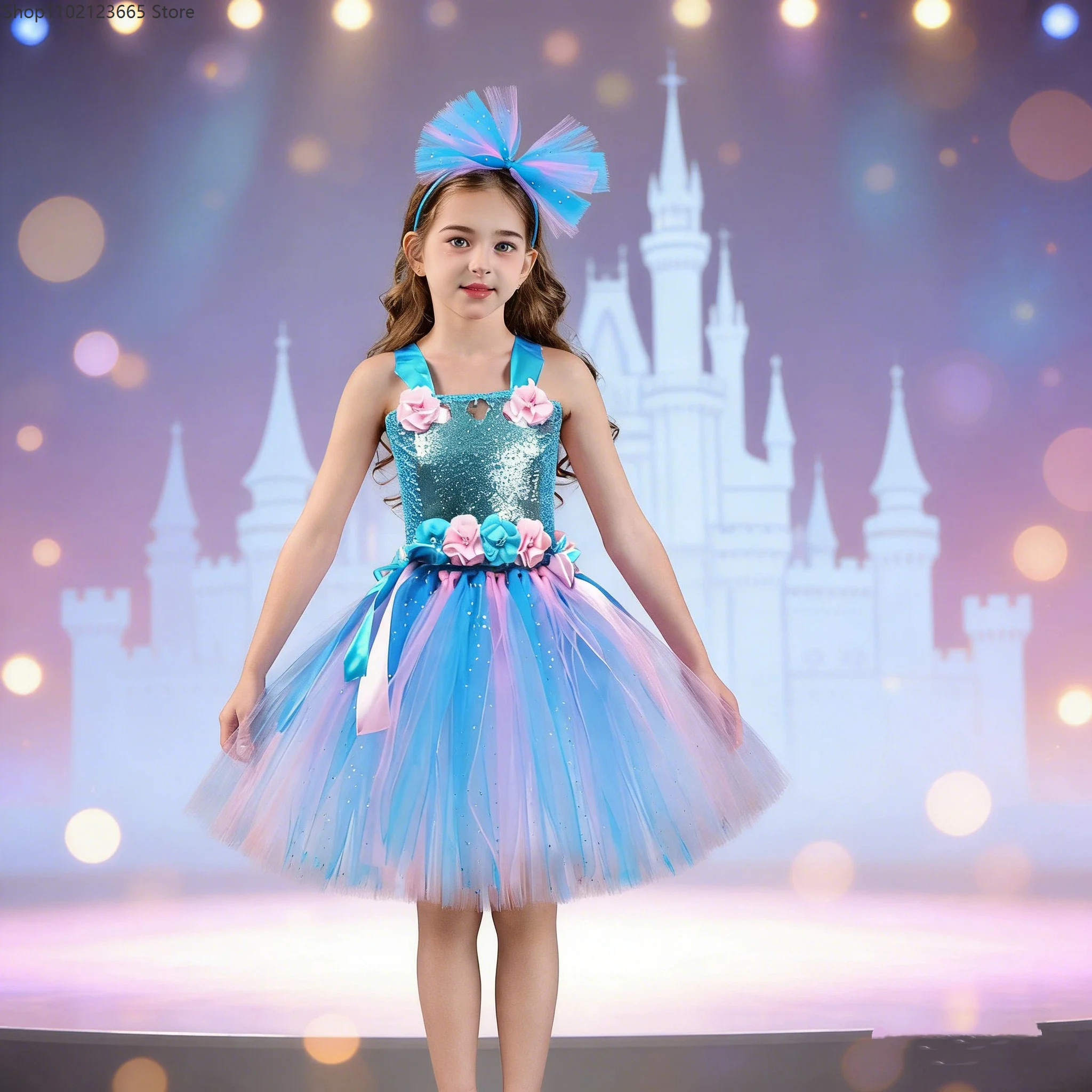 

Pink Floral Ballet Dress Chica Enfant Birthday Party Cosplay Fairy Costume Princess Dress With Headpiece Puffy Skirt Sequin Set