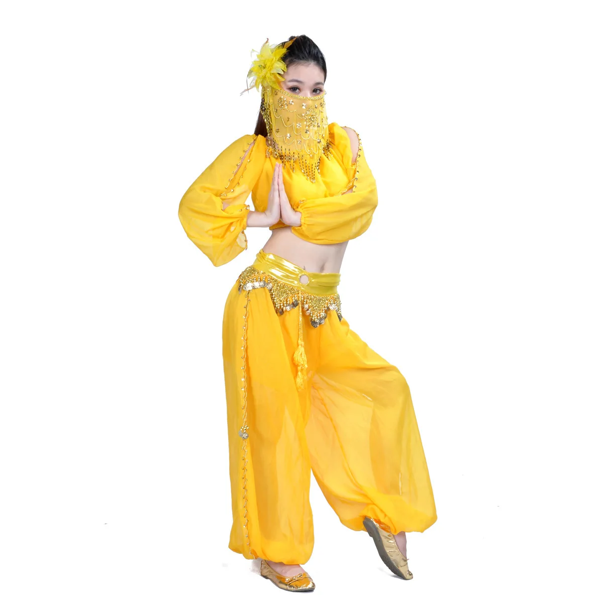 Hot Sale Hight Quality Women Girls Practice Costume Lantern Long Sleeve Ring Bloomers Belly Dance Set