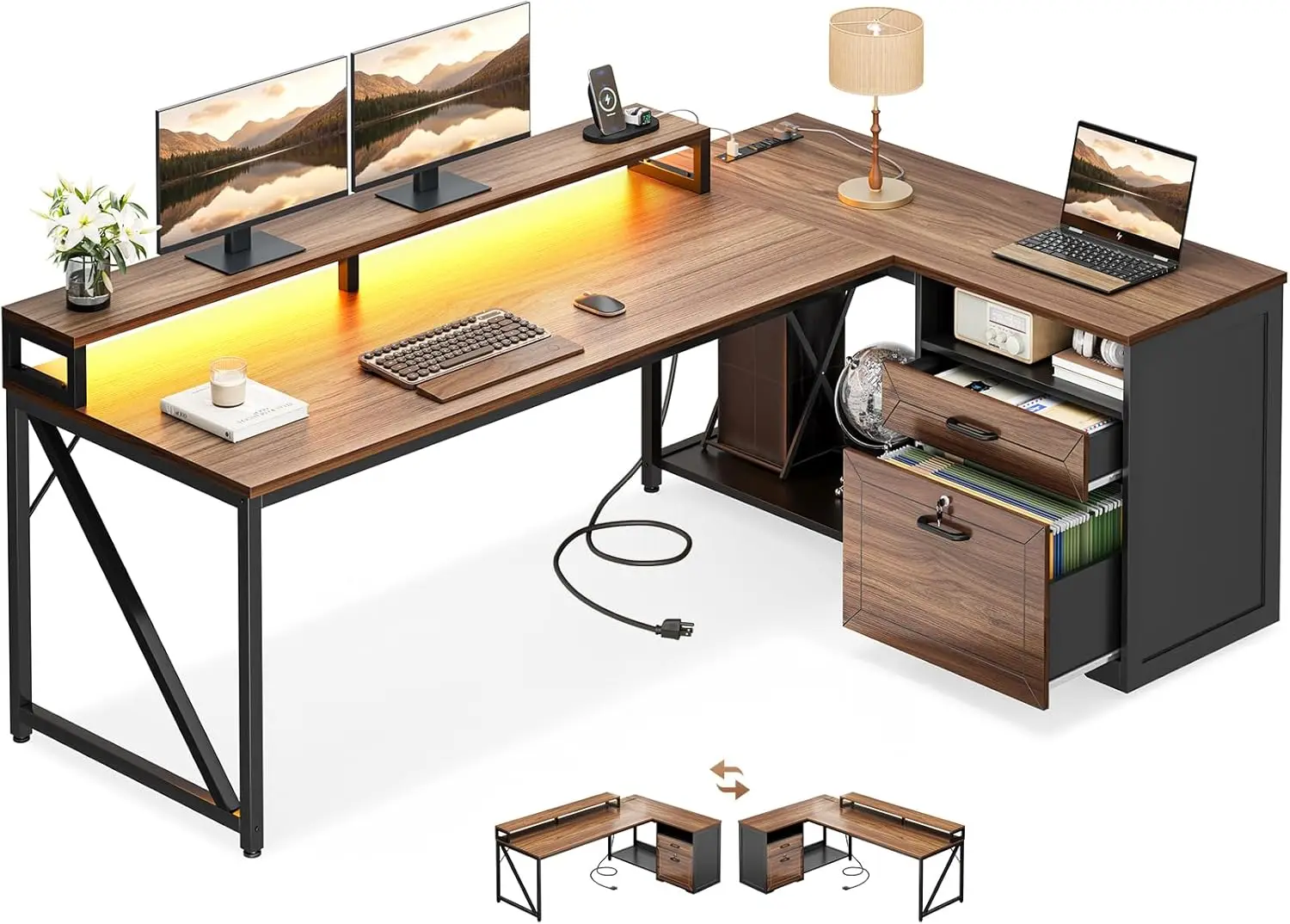 

L Shaped Desk with Wooden Drawers & Locking File Cabinet, 61 Inch Large Executive Desk, Corner Office desk