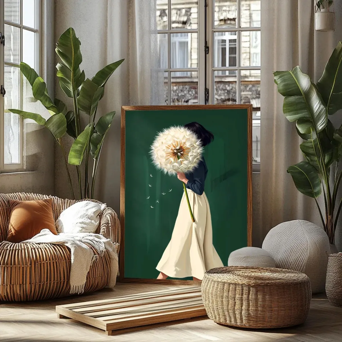 Emerald Green Woman With Dandelion Canvas Prints Poster modern Minimalist abstract Art Prints living Room Wall Art Home Decor