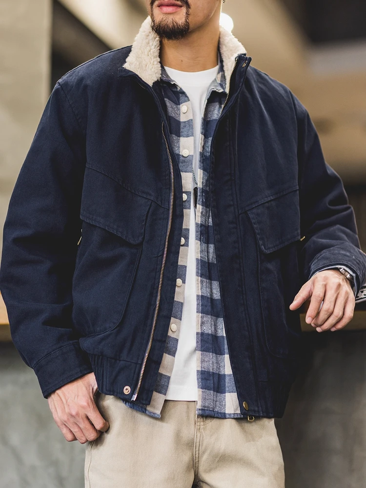 

Мужская зимняя куртка большого размера в американском ретро-стиле из овечьего вельвета с воротником-стойкой, утепленная, из чистого хлопка, свободного кроя, на флисовой подкладке