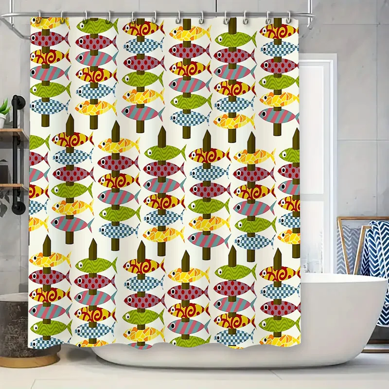 

Fish Pattern Shower Curtain Coastal Ocean Sea Life Waterproof Decor Bathroom Set Vintage Nautical Themed Shower Liner