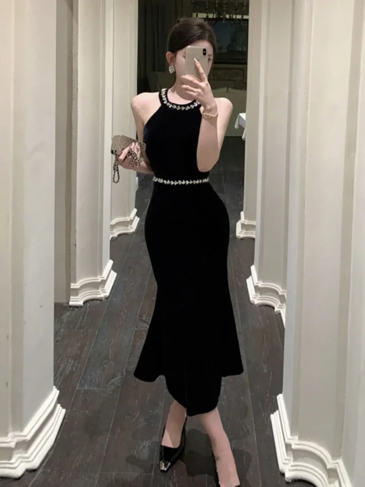 Ezgaga Sexy Dress Woman Backless Bow Sleeveless Slim Black Temperament Party Mermaid Dresses Ladies Vintage French Style Chic