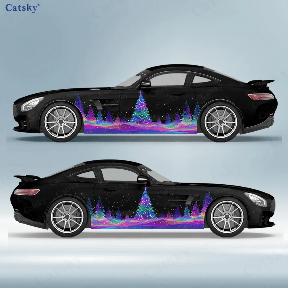 Colorful Christmas Tree Car Vinyl Wraps Decal Self-adhesive PVC Sticker Suitable for Trucks SUV Decoration Auto Accessories Gift
