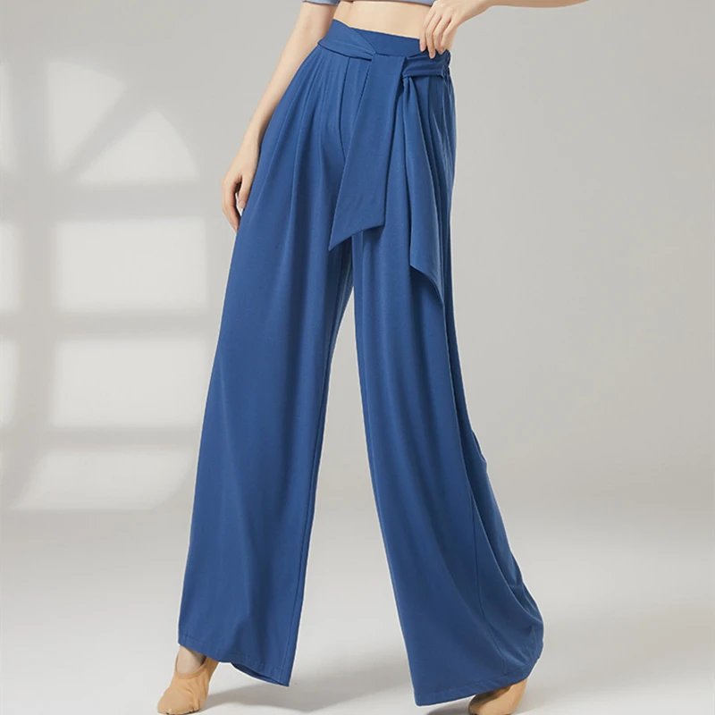 Classical Dance Pants Women Wide Leg Long Trousers High Waist With Tied Band Stage Costume Loose Practice Clothes Casual Wear