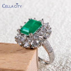 Cellacity Silver Big Ring Square Emerald Tourmaline for Women Shiny zircon Princess Temperament Wedding Fine Jewelry Gift