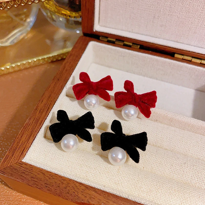 1Pair Vintage Red New Christmas Flocking Earrings For Women Bow-knot Pearl Drop Earring Jewelry Party Gift