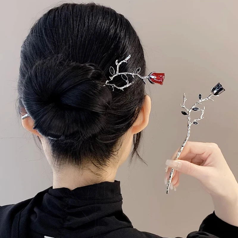 빈티지 장미 머리 스틱 중국어 간단한 검은 빨간 장미 꽃 머리 젓가락 머리핀 디스크 스틱 hairclips 여성 쥬얼리