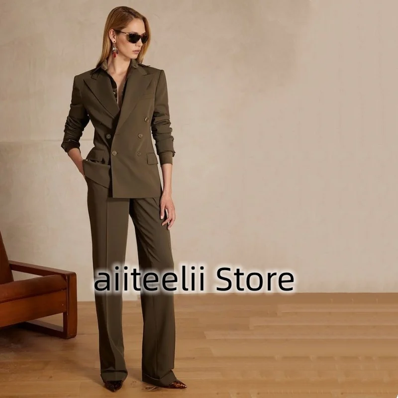 Women's Suit Fashion Two-piece Solid Color Double Breasted Handsome Spike Lapel Slim Pants For Working Ladies Business