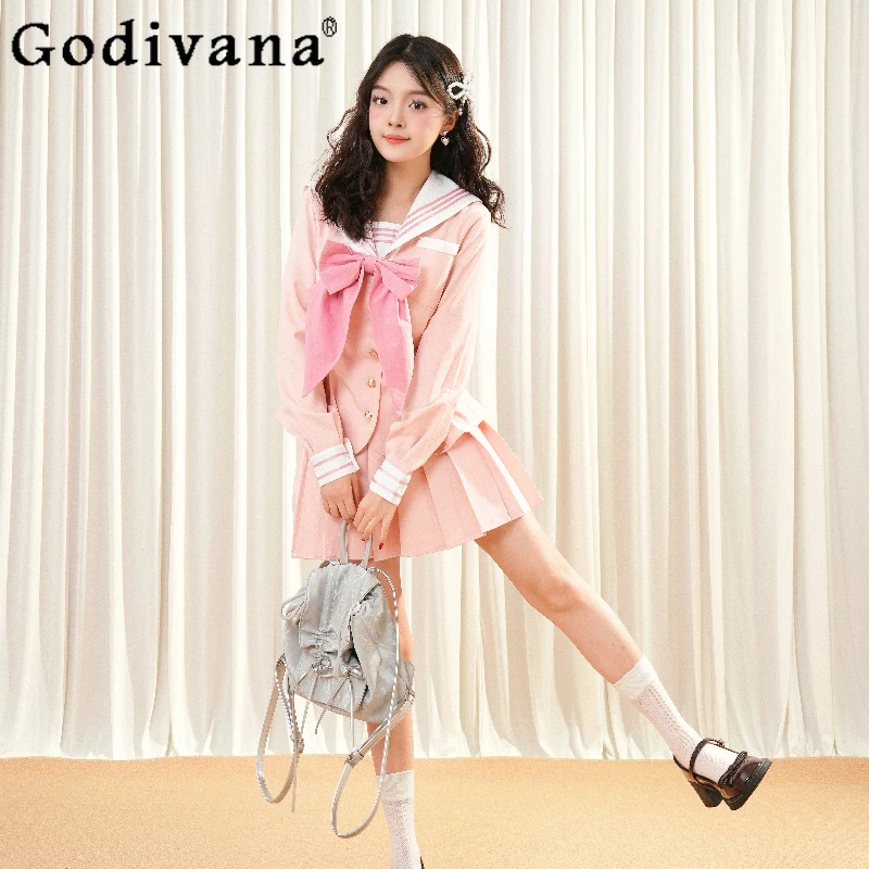 

College Style Girls Outfits Women JK Uniform Pink Navy Collar Bow Top Pleated Skirt Suit Female Autumn Japanese Lolita Set
