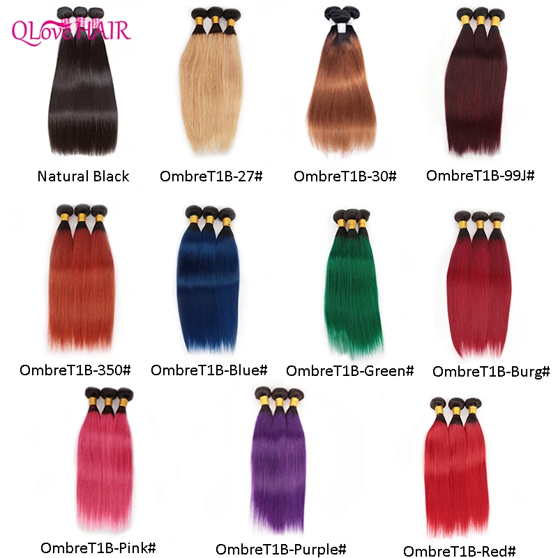 Qlove cabelo brasileiro feixes de cabelo reto 100% cabelo humano ombre T1B-350 cor tecer cabelo 3pc remy extensão do cabelo frete grátis