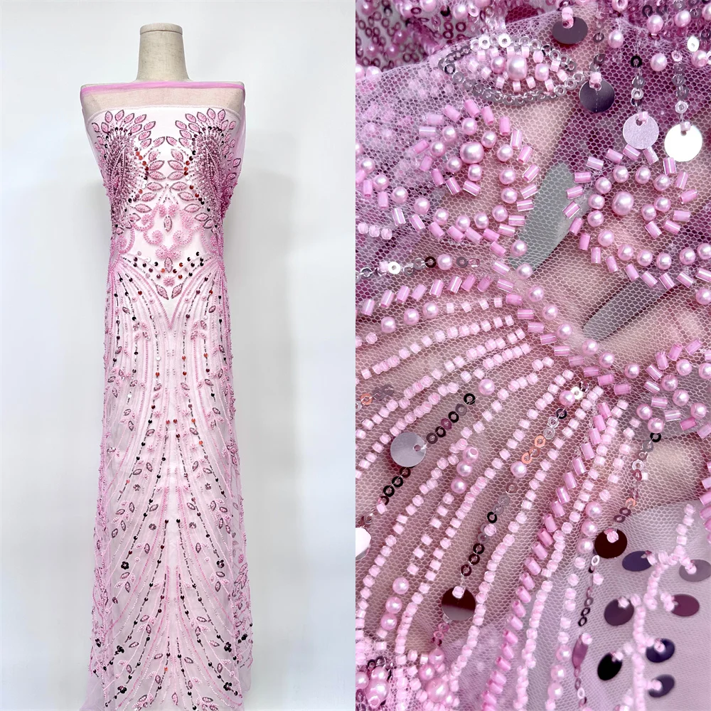 

Pink Latest Design Nigerian Beaded Lace Fabric French 2026 High Quality Christmas African Sequins Lace Fabric For Party Dress