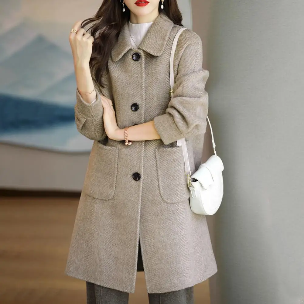 Women Woolen Jacket Stylish Women's Winter Overcoat with Turn-down Collar Pockets Single-breasted Design Loose Fit for Commuting