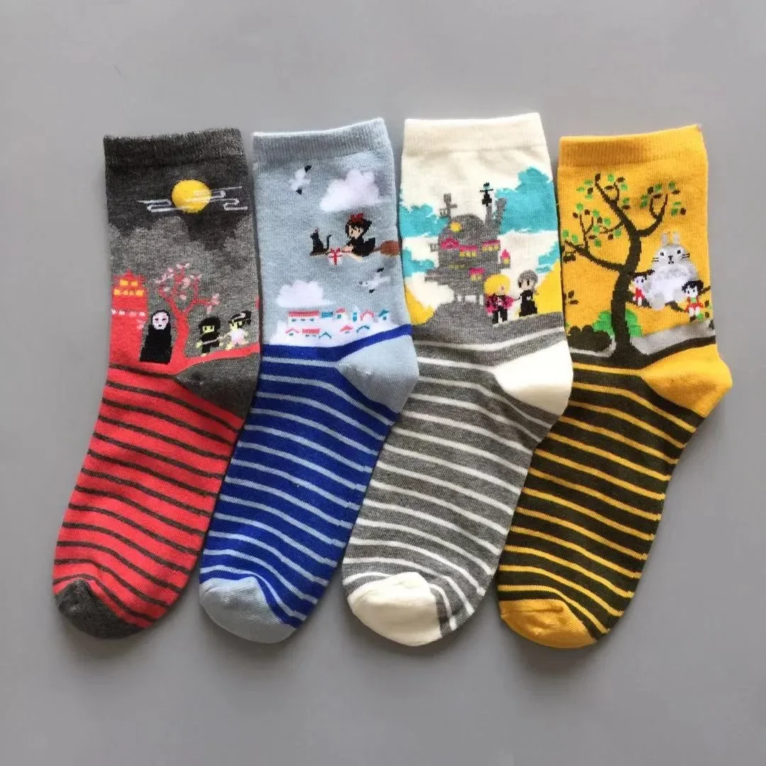 New trend women's cotton cartoon striped mid-tube women's comfortable breathable men's and women's socks