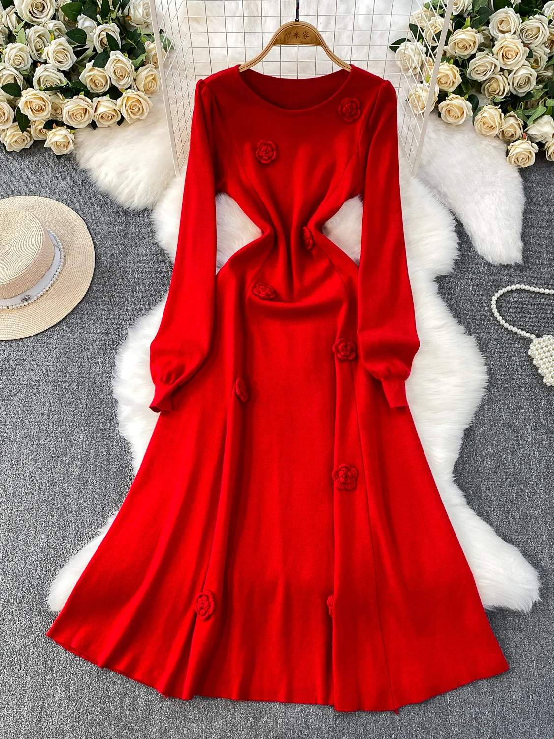 Ele French Sle-suéter redondo de cintura alta para mujer, tejido Dr, decoración floral 3D, adelgazante, invierno