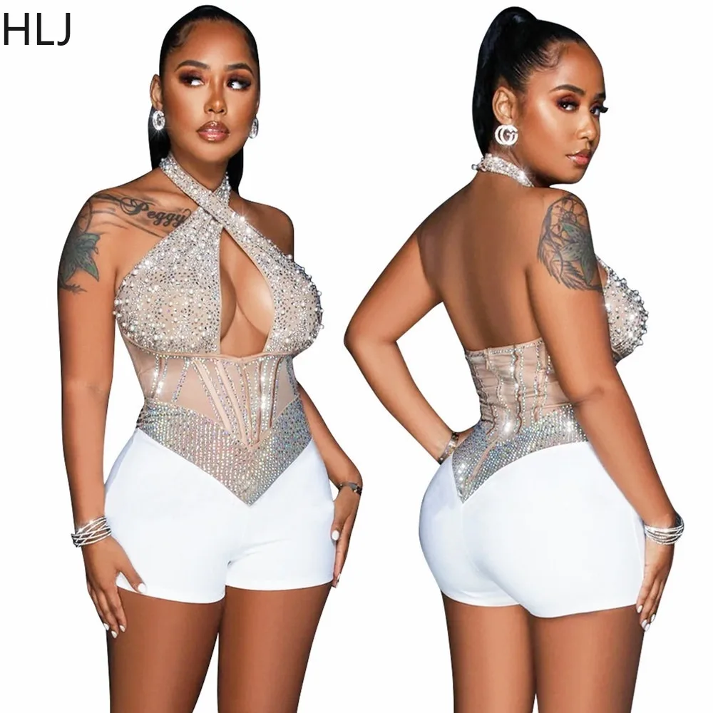 

HLJ Gold Woman Evening Party Outfits Rhinestone Crystal Luxury Jumpsuits Women Corset Patchwork Bodycon Rompers Elegant Sexy