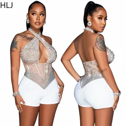 HLJ Gold Woman Evening Party Outfits Rhinestone Crystal Luxury Jumpsuits Women Corset Patchwork Bodycon Rompers Elegant Sexy