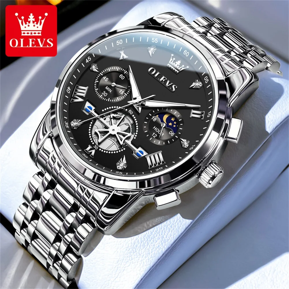 

OLEVS 2856 New Men's Watches Business Multifunction Flywheel Chronograph Original Quartz Wristwatch Moon Phase Luminous Watch