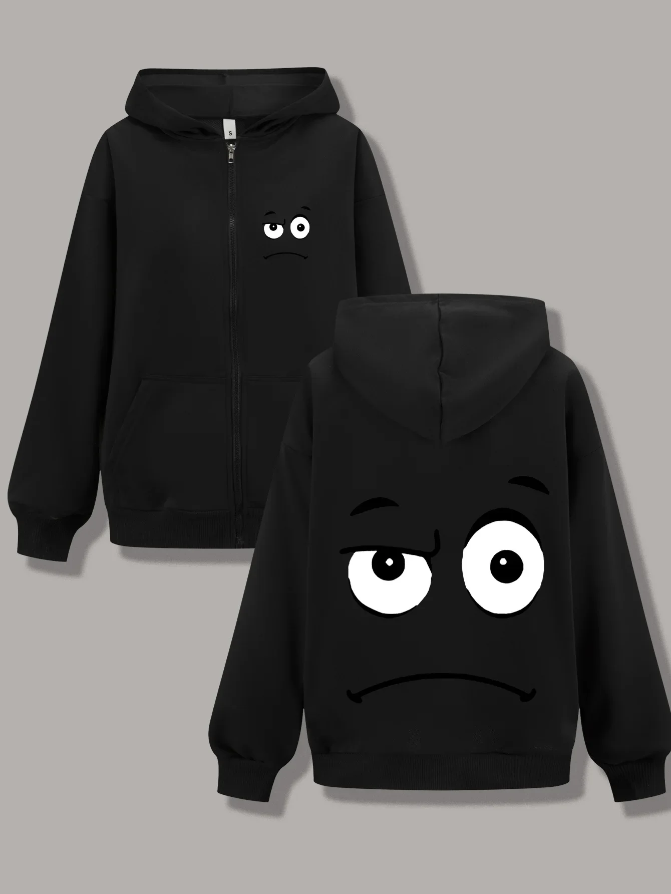 Men's and women's long sleeved loose zipper sweatshirt jacket, double-sided eye pattern, warm and comfortable fabric