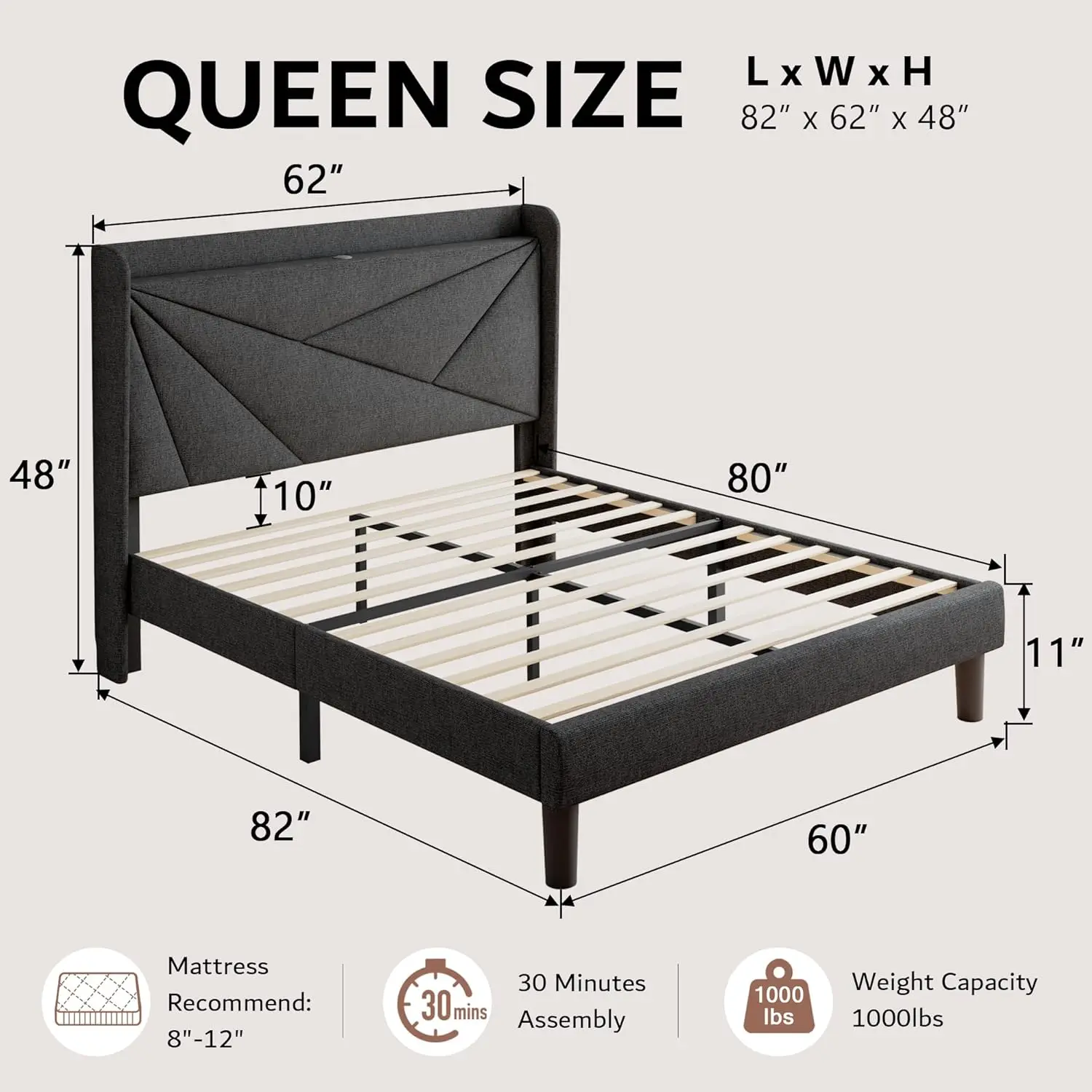 Cama queen size com estação de carregamento, estofados cama, armazenamento cabeceira, madeira maciça suporte slats, linho, geométrica, plataforma