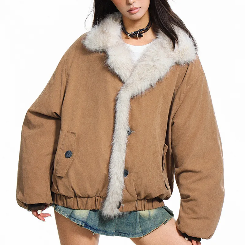 HKSH شتاء جديد المرأة سترة دافئة فو الفراء طوق واحدة الصدر الخصر Cinching كتلة اللون الرجعية رشاقته معطف مبطّن HK14706