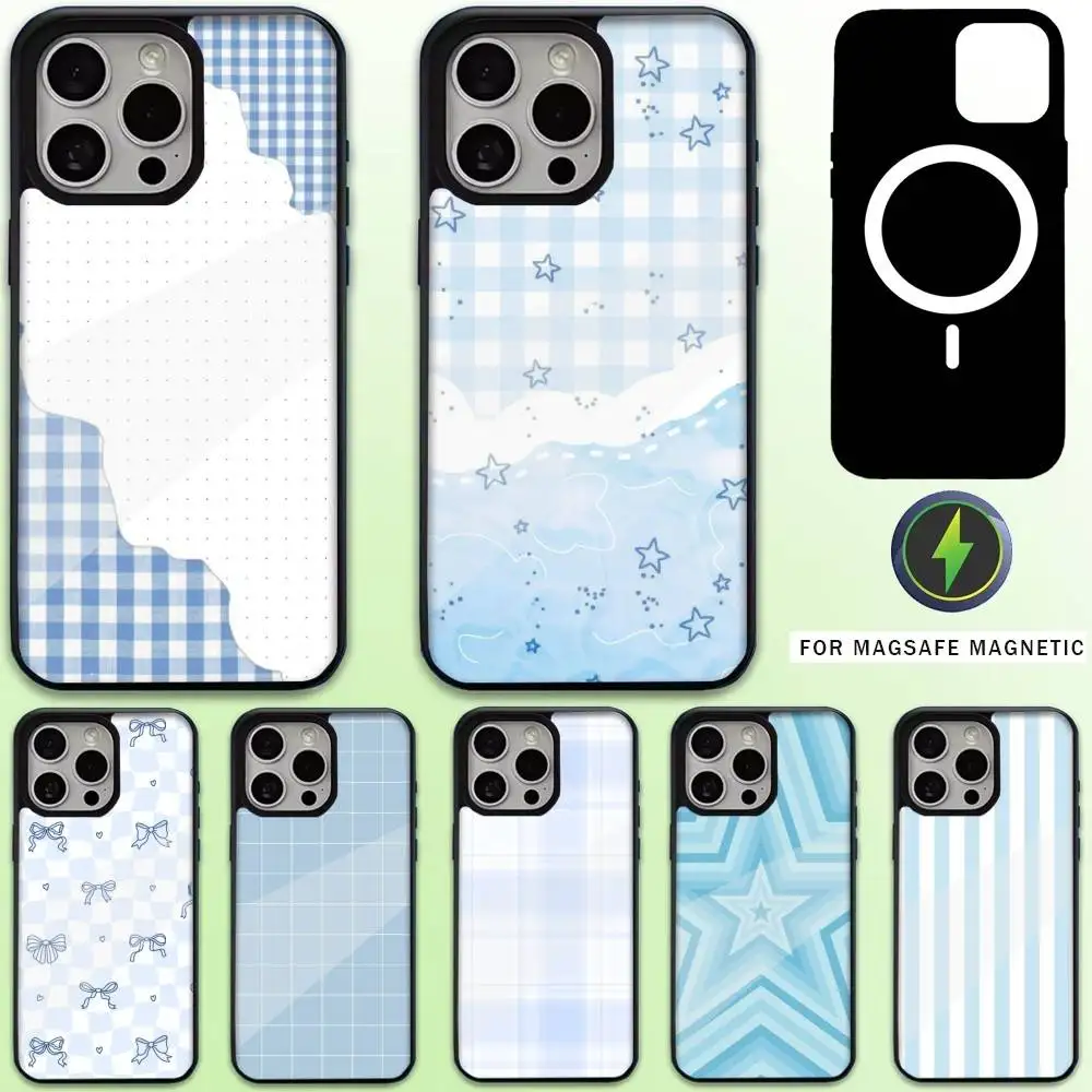 

Ins Korean Blue Striped Grid Phone Case For iPhone17,16,15,14,13,12,11 Plus,Pro Max Magnetic Magsafe Wireless Charging