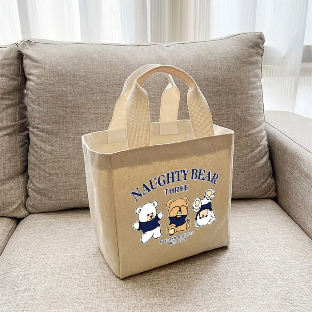 Cartoon Embroidery Lunch Bag Cute Bear Tote Bag Large Capacity Canvas Handbag Outdoor Food Storage Picnic Pouch