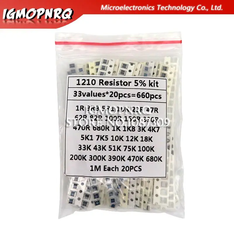 

Комплект резисторов 1210 SMD, набор в ассортименте, 1 Ом-1М Ом hjxrhgal 5% 33 Ценности, 20 шт. = 660 шт., Набор для творчества