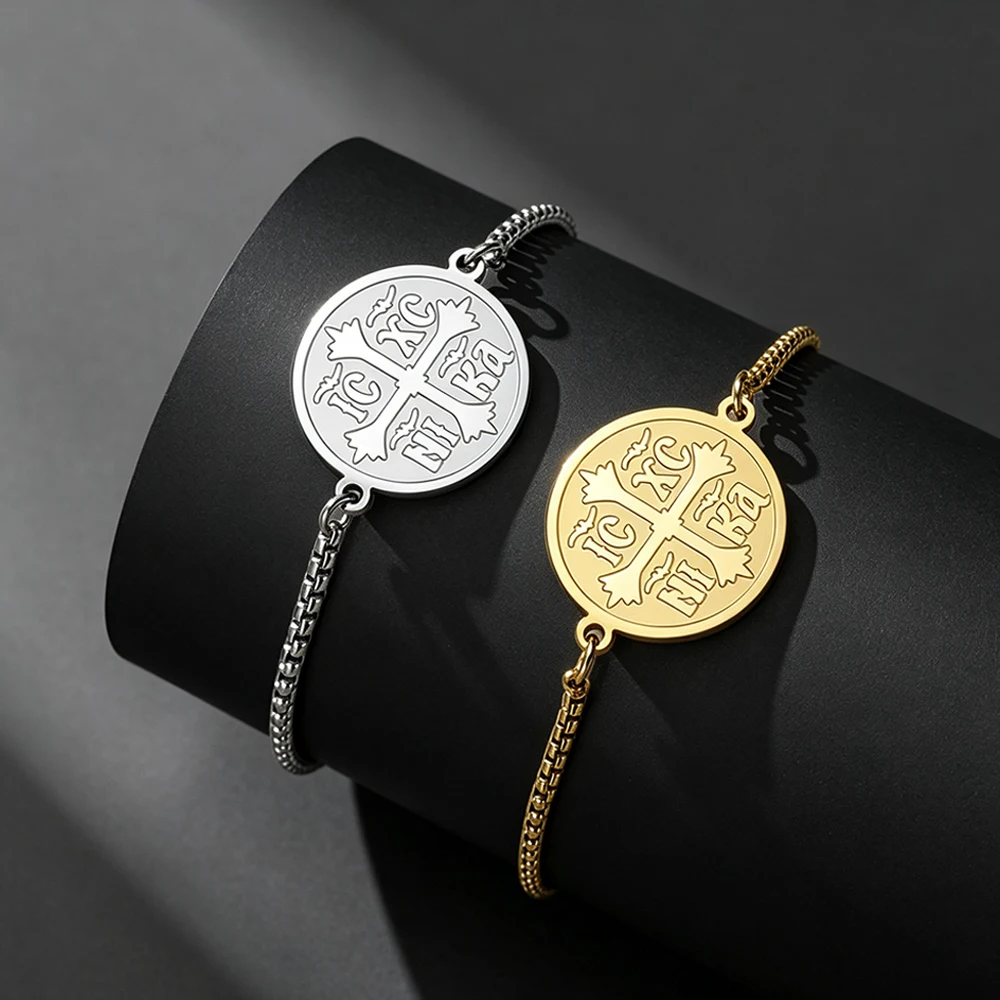 Orthodox Constantine Cross Bracelet IC XC NI KA Medal Charm Snake Chain Braided Rope Stainless Steel Religious Amulet Jewelry