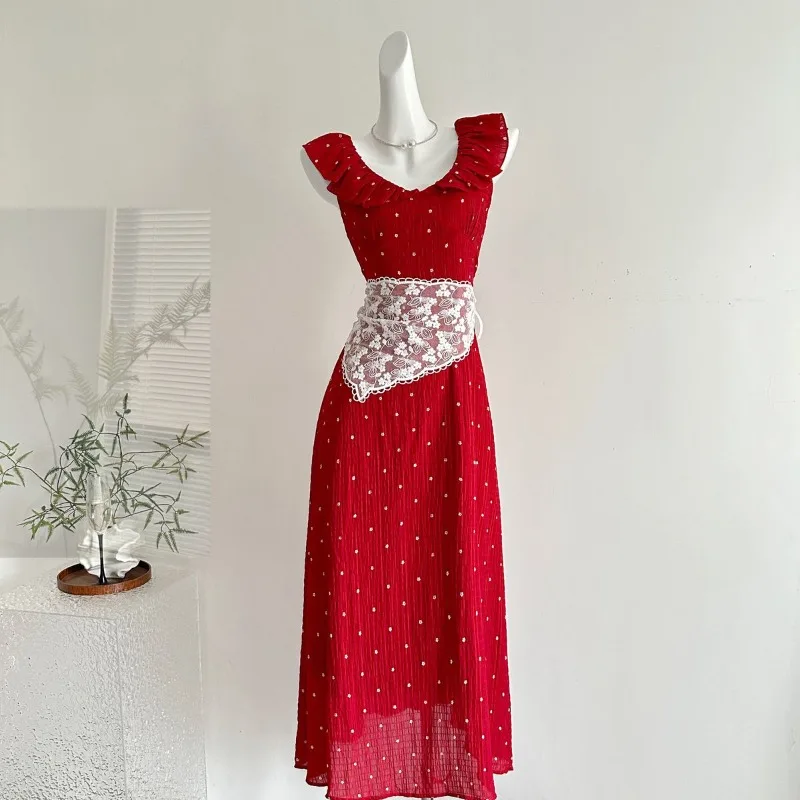 

Summer French Elegant Women's Dress Lace V-neck Short-sleeved Red Long Dress Korean Fashion New Y2k Holiday Style Woman Clothes