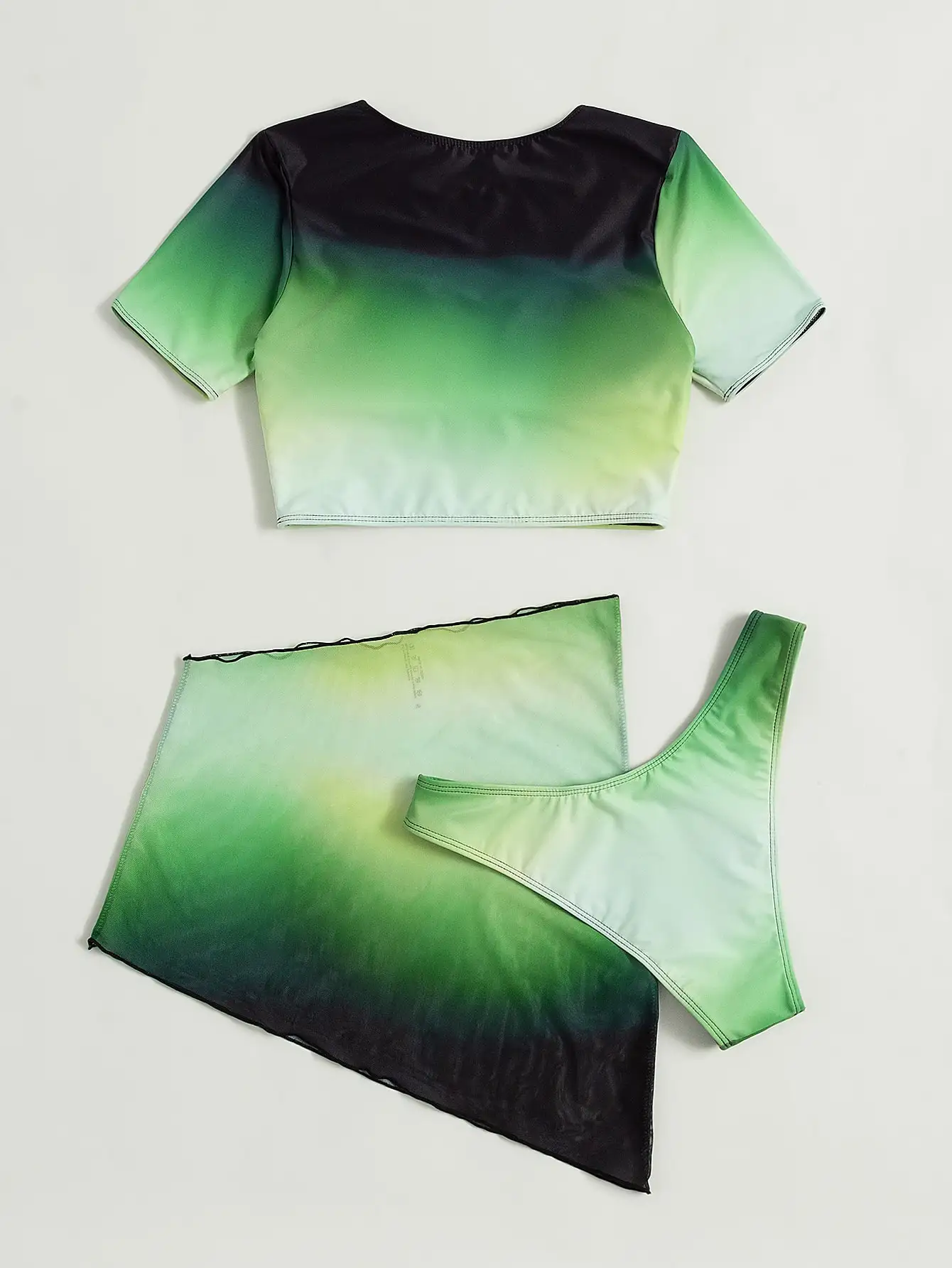 Gola alta biquíni maiô e saia de praia verde, moda praia feminina, roupa de banho, 3 pcs, ombre, verão