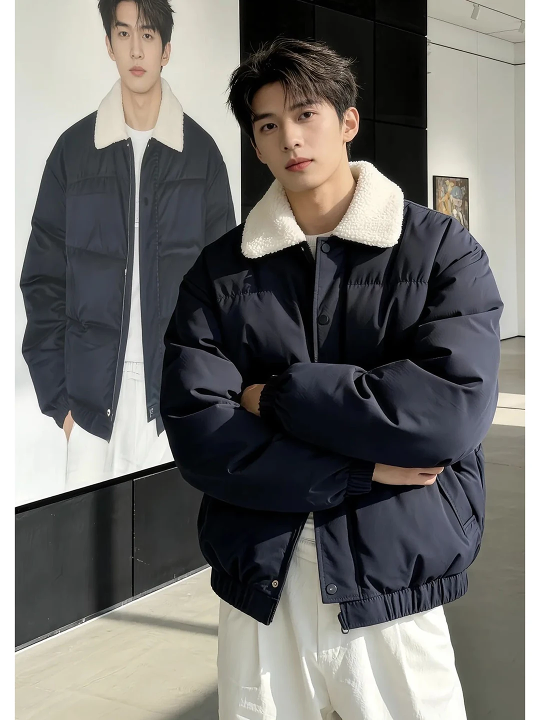 

Cleanfit Thiened ort Cotton Jaet for Men with Lamb Velvet Collar Winter Warm Casual Sle Pure Color Youth Faion