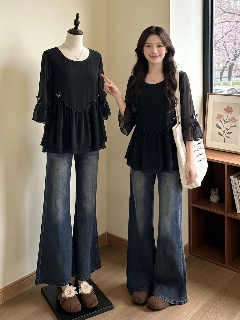 

Elegant Black Flared Sleeve Chiffon Top Women's Summer New plus Size Slimming Trendy Age-Defying Top Korean Style Loose Fit