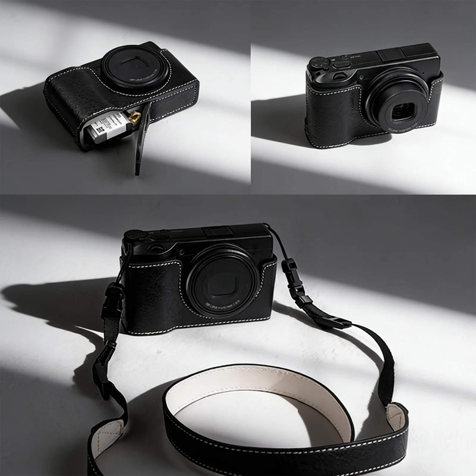 Retro Leather Half Case for Ricoh GR4 / GR3x / GRIII, Hard Box Cover with Lychee Pattern Base, Camera Bag with Shoulder Strap