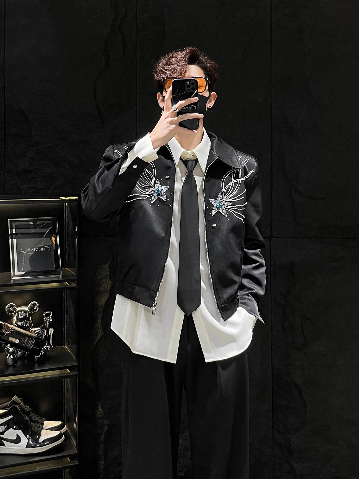 

HOMME Star Rhinestone Мягкий воротник на молнии Мужская универсальная элитная верхняя одежда в Корейском стиле свободного покроя