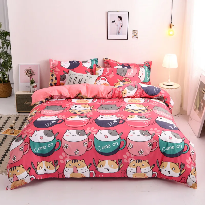 Bedding Sets Red Cute Cat Kitty Duvet Cover Pillow Case Bed Boy Kid Teen Girl Bedding Covers Set King Queen Twin Size