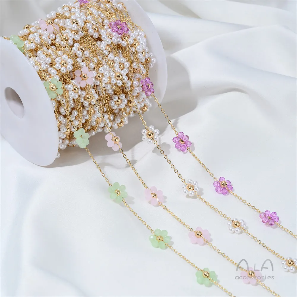 Diy Chain 14K Real Gold Pearl Purple Powder Green Crystal Flower Loose Chain Handcrafted Necklace Bracelet Accessories