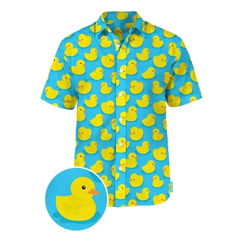 

Hawaiian summer men's shirts, button up shirts, animal printed yellow duck patterns, outdoor street clothing