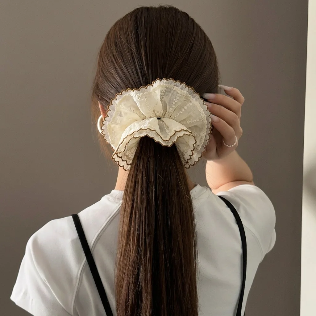 Literary beige embroidery double-layer fabric large intestine hair band femininity tied hair ball head hair rope low ponytail he