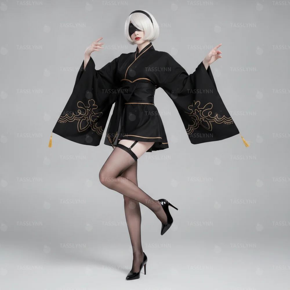 Women 2B NieR Outfit, Wide Sleeve Tassel Yukata Big Bow Waistband Garter Stockings Full Set, Anime Japanese Roleplay Costume view 4