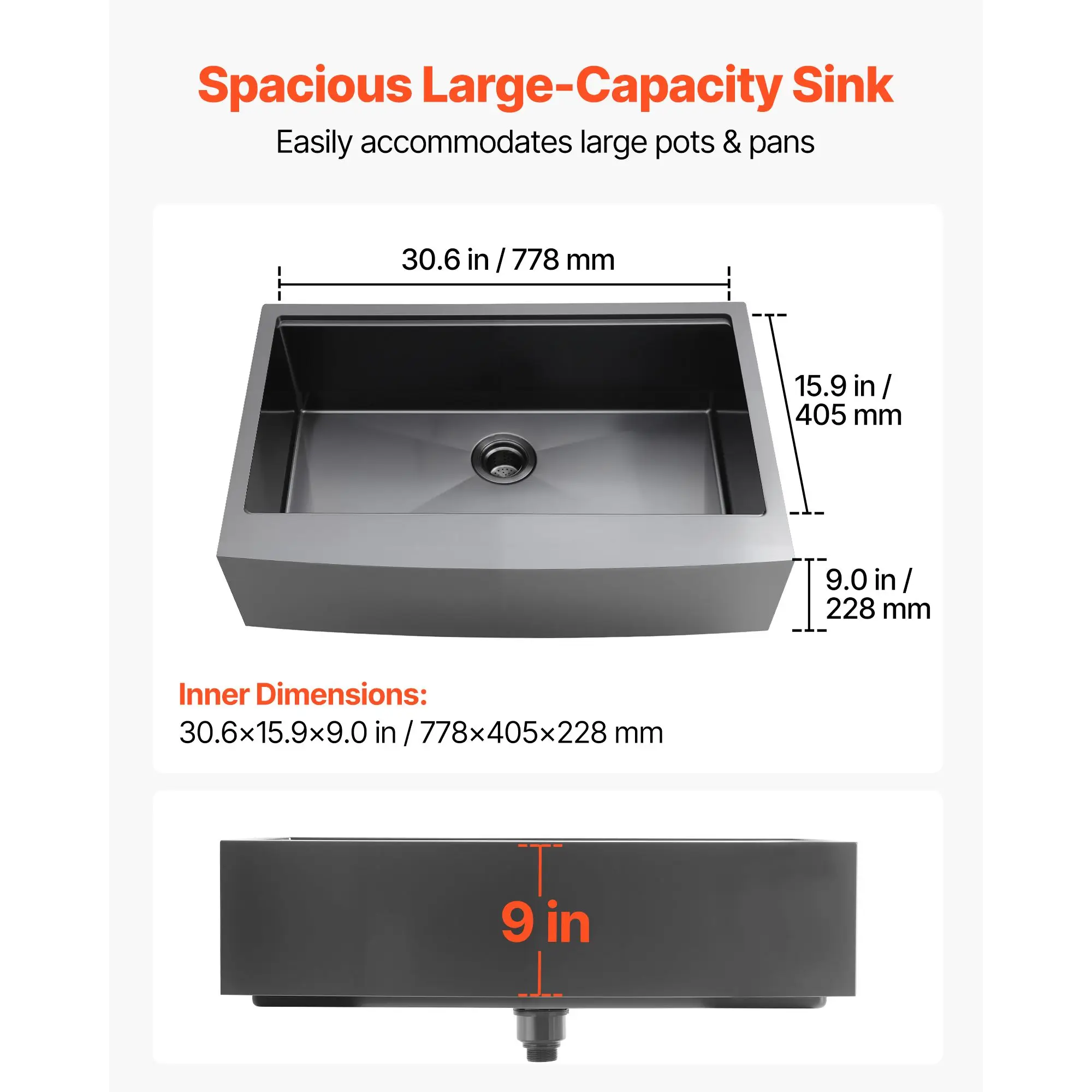33-inch Kitchen Undermount Single Bowl Sinks, Stainless Steel Drop-In Farmhouse Basin with Ledge & Accessories, Household Dishwasher Sinks for RV, Prep Kitchen, Laundry Room, Bar
