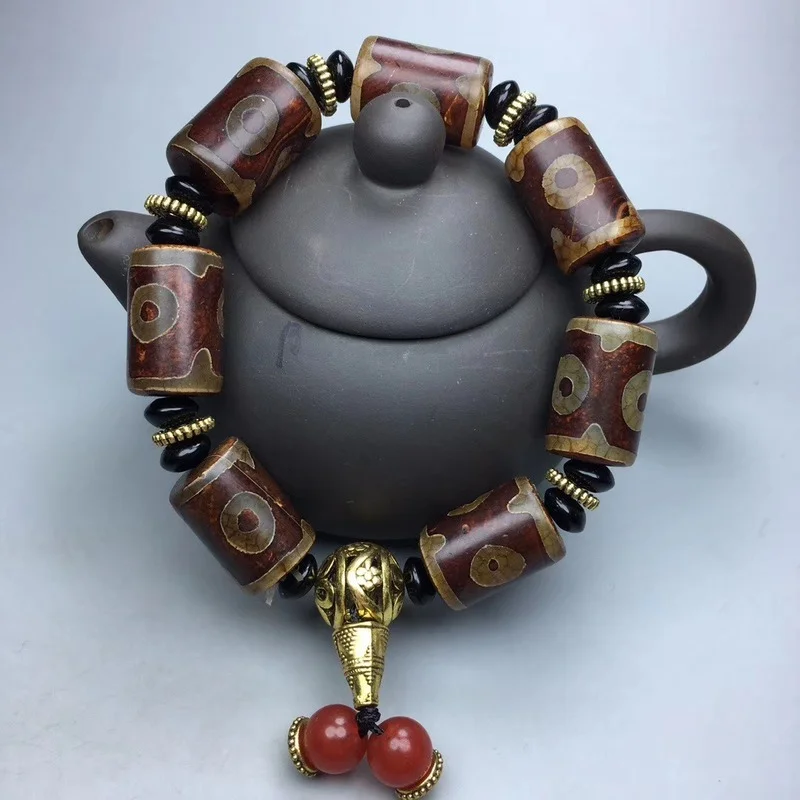 

Natural Tibetan Agate Three Eye Bucket Bead Bracelet for Men and Women