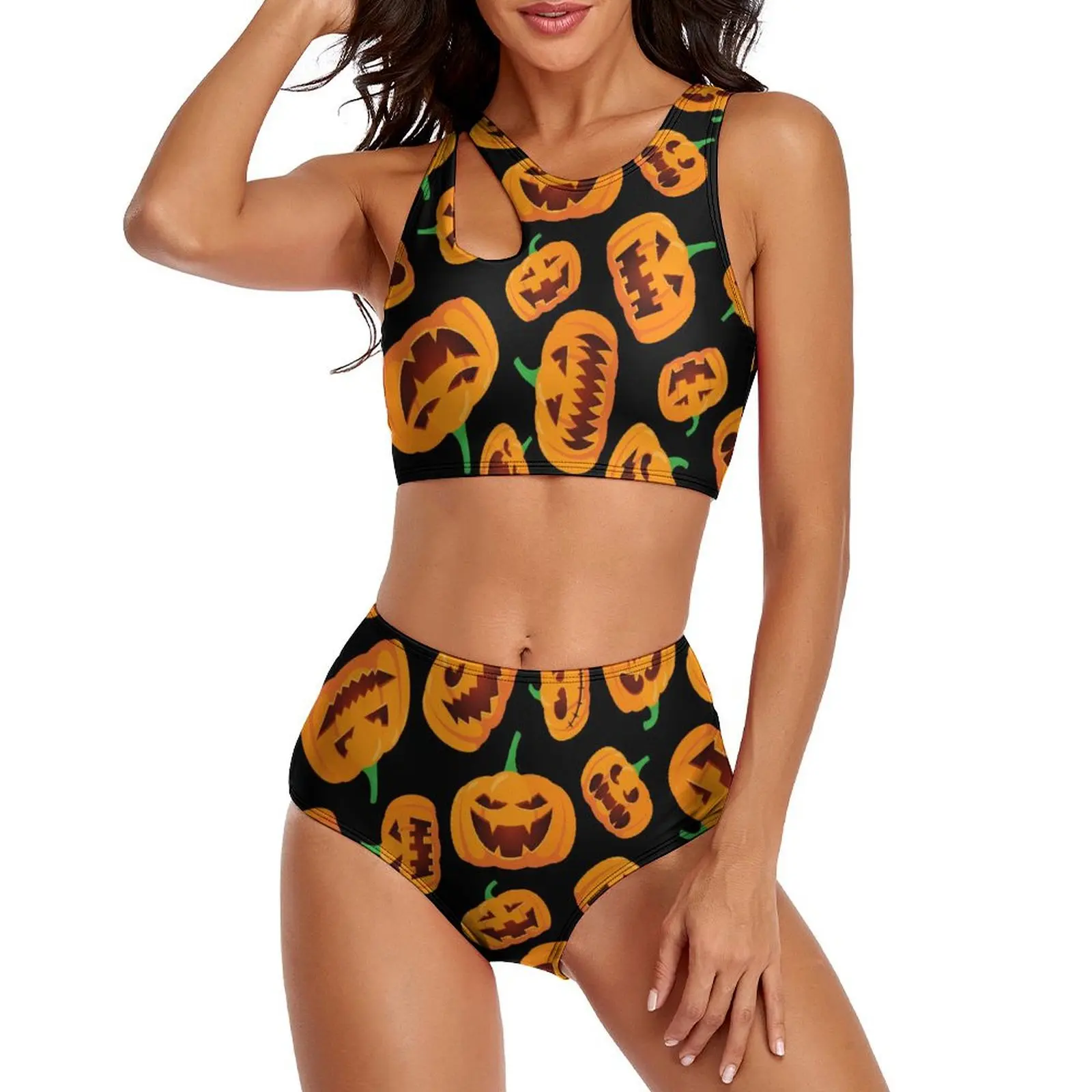 

Happy Haunts Bikini Set Funny Pumpkins Push Up Bikini Swimsuit Sexy High Waist Swimwear Surfing Custom Vintage Bathing Suit