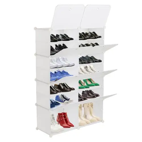 7-Tier Portable 28 Pair Shoe Rack Organizer 14 Grids Tower Shelf Storage Cabinet Stand Expandable for Heels, Slippers, White