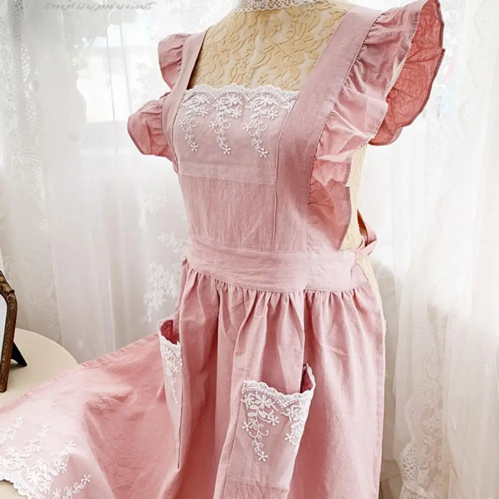 Washed Cotton Linen Lace Kitchen Aprons Flower Shop Garden Ruffles Work Clean Apron for Woman Dress